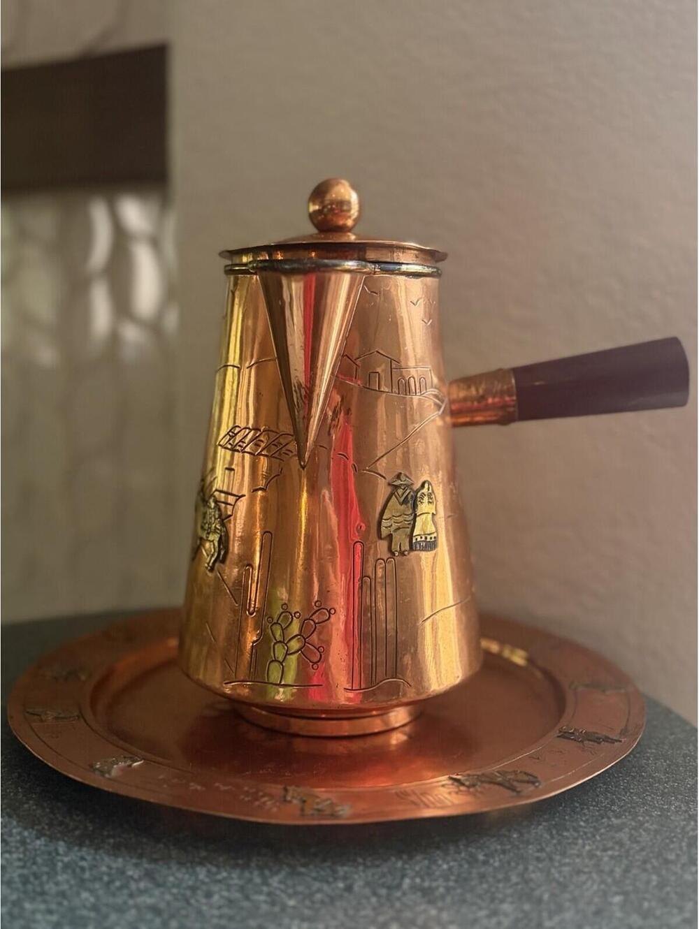 Vintage, Mexican,60s Victoria Taxco Copper & Silver Coffee Pot & Tray